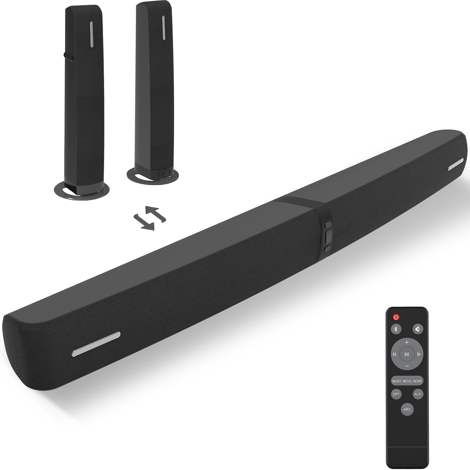 Assistrust 90W 2‑in‑1 Detachable Sound Bar – Bluetooth 5.0/ARC/Opt/AUX, Auto Volume Boost, 3 Customizable EQ Modes for TV/PC/Gaming/Projectors – Affordable Premium Sound