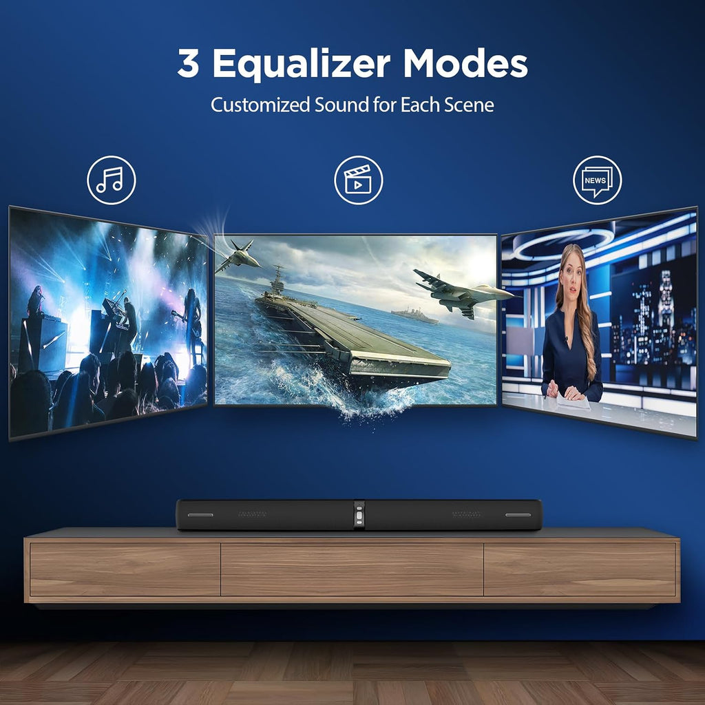 Assistrust 90W 2‑in‑1 Detachable Sound Bar – Bluetooth 5.0/ARC/Opt/AUX, Auto Volume Boost, 3 Customizable EQ Modes for TV/PC/Gaming/Projectors – Affordable Premium Sound