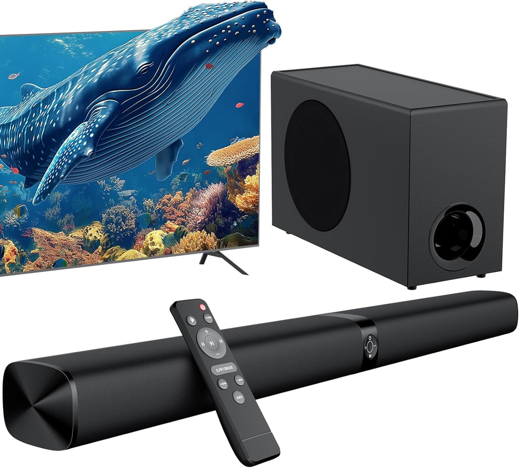 Assistrust 110W Sound Bar with Subwoofer – Deep Bass, 3 EQ Modes, Bluetooth 5.0/ARC/Opt/AUX, Detachable Design for TV/PC/Gaming/Projectors – Affordable Premium Sound