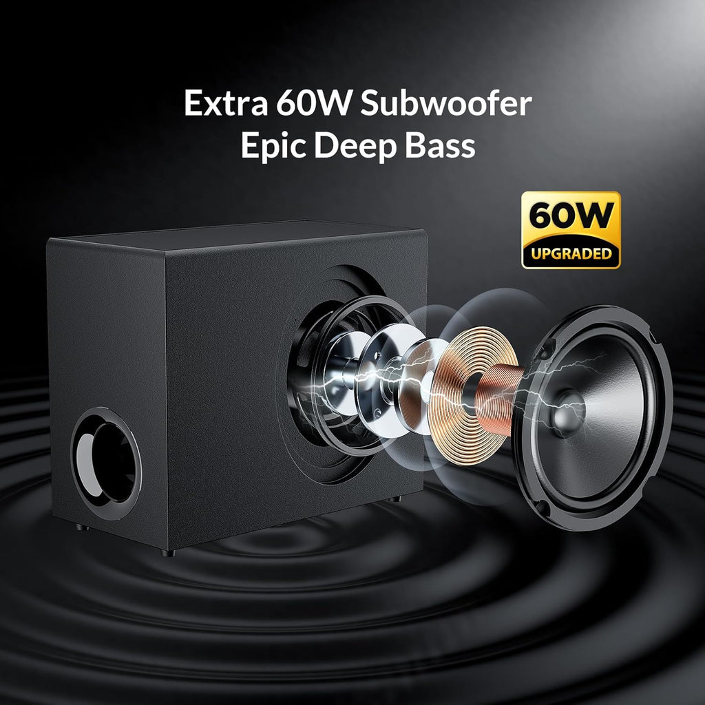 Assistrust 110W Sound Bar with Subwoofer – Adjustable Deep Bass, 3 EQ Modes, Bluetooth 5.0/ARC/Opt/AUX, Detachable Design for TV/PC/Gaming/Projectors – Affordable Premium Home Theater Sound