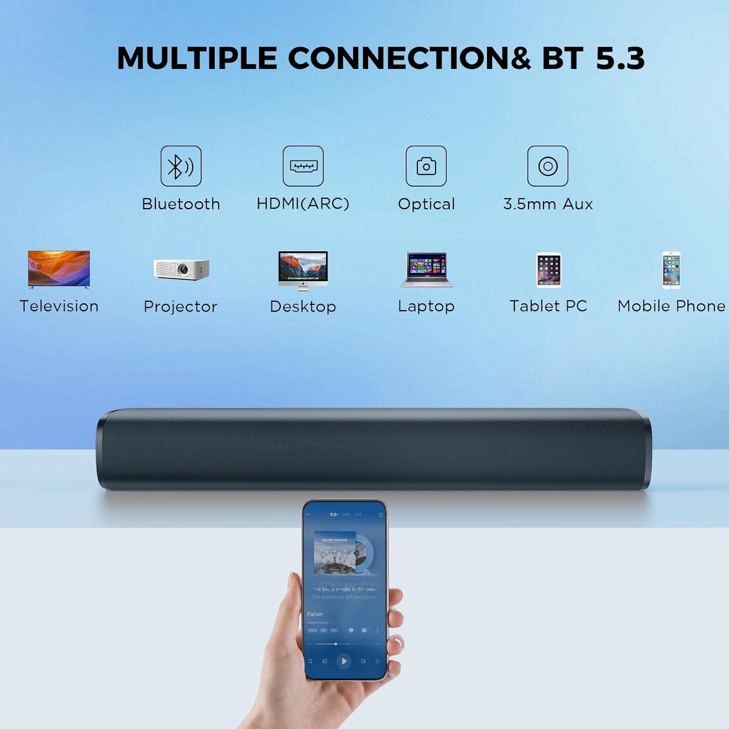 KY mini 50W 17 Inch TV Sound Bar Bluetooth 5.3 Multi Input Home Audio Speaker