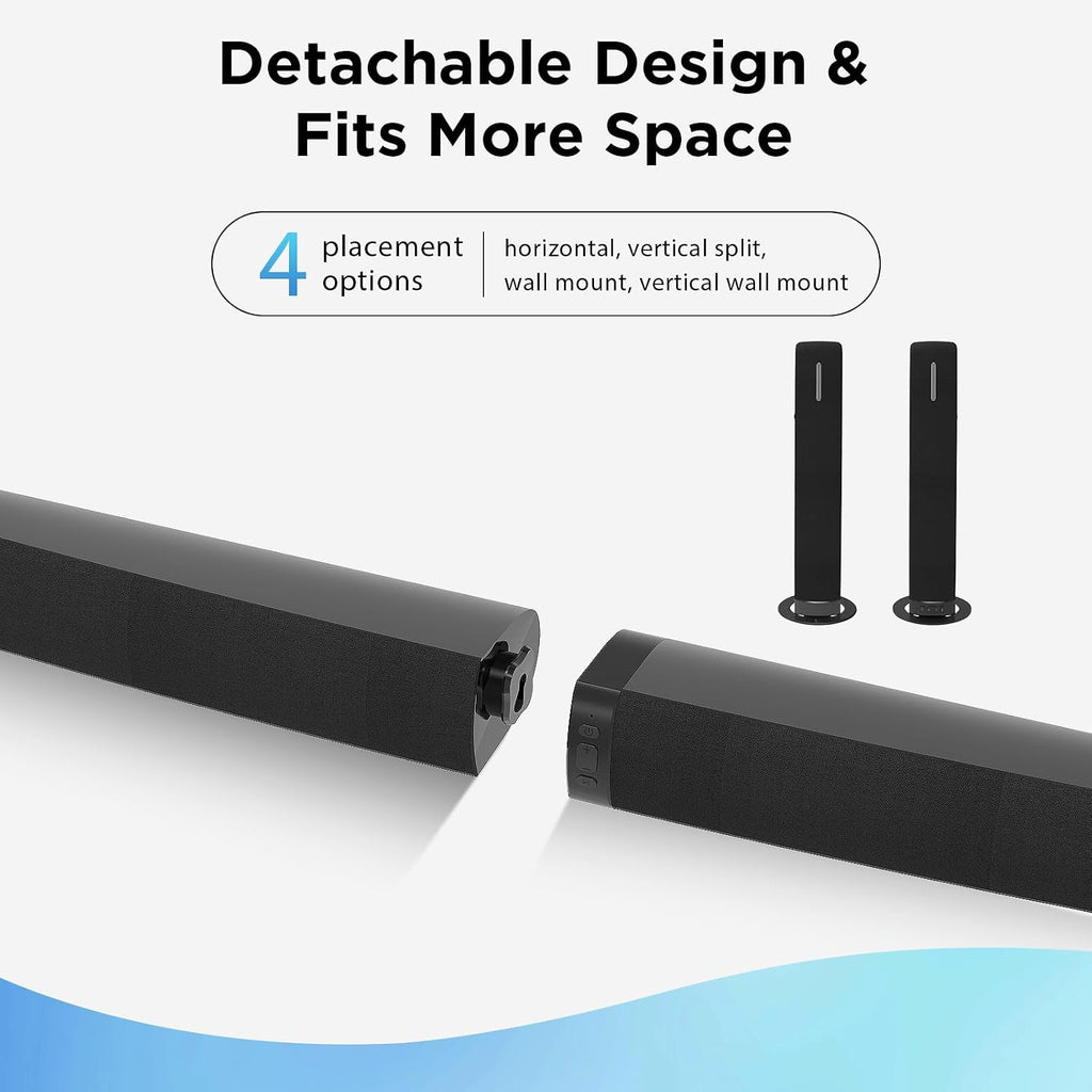 Assistrust 90W 2‑in‑1 Detachable Sound Bar – Bluetooth 5.0/ARC/Opt/AUX, Auto Volume Boost, 3 Customizable EQ Modes for TV/PC/Gaming/Projectors – Affordable Premium Sound