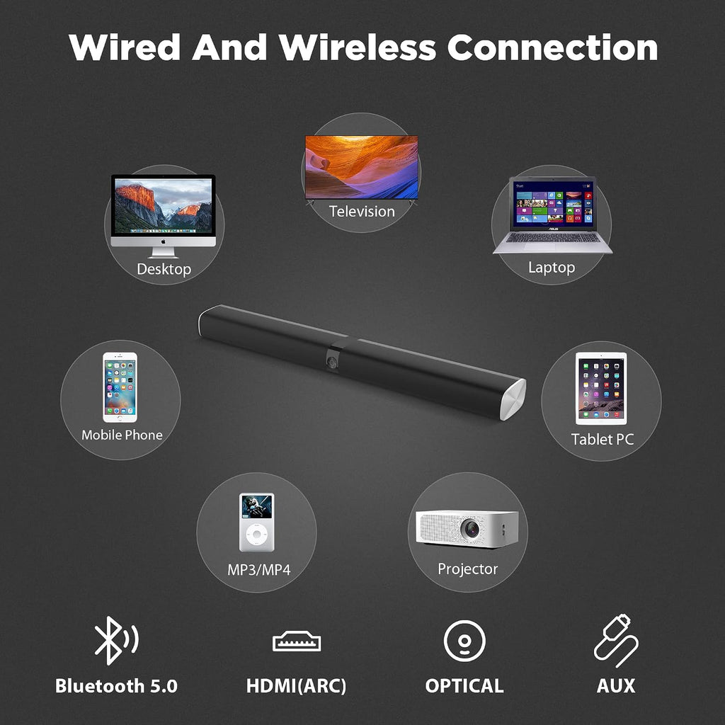 KY8000 WD 50W TV Soundbar Speakers, Bluetooth 5.0 Surround Sound System, 32 Inch Wired & Wireless Sound Bar