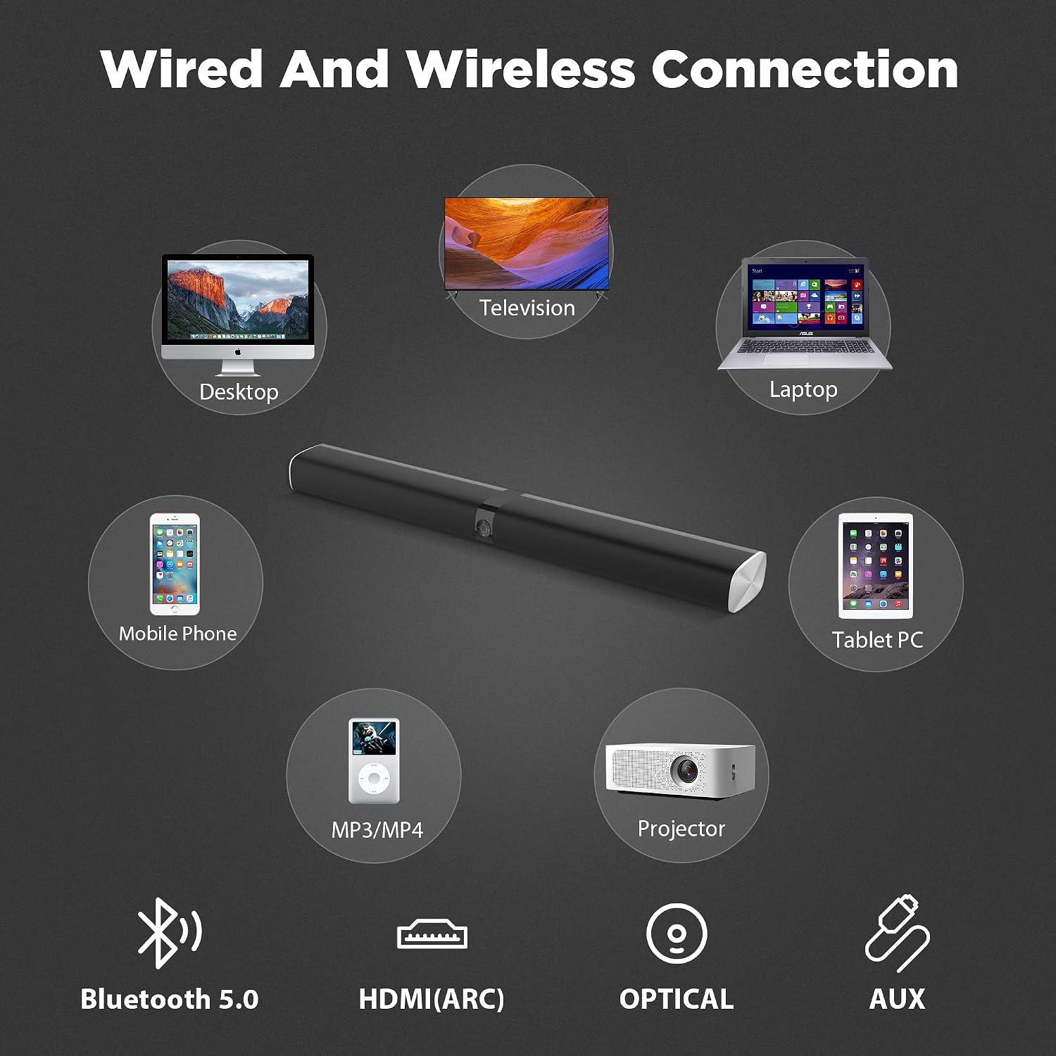 KY8000 WD 50W TV Soundbar Speakers, Bluetooth 5.0 Surround Sound System, 32 Inch Wired & Wireless Sound Bar