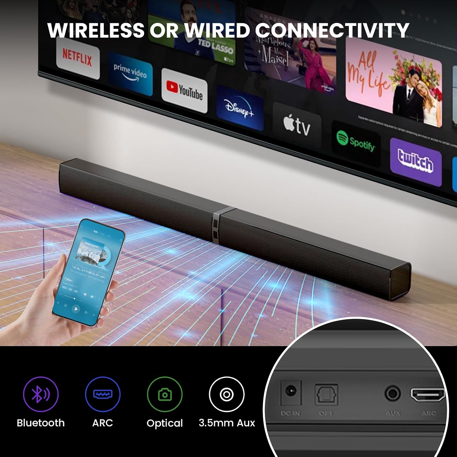 2020D 80W Detachable Sound Bar, Deep Bass Home Theater Audio Speaker