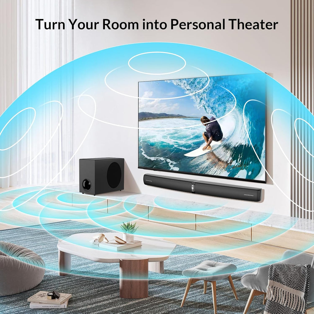 Assistrust 110W Sound Bar with Subwoofer – Adjustable Deep Bass, 3 EQ Modes, Bluetooth 5.0/ARC/Opt/AUX, Detachable Design for TV/PC/Gaming/Projectors – Affordable Premium Home Theater Sound