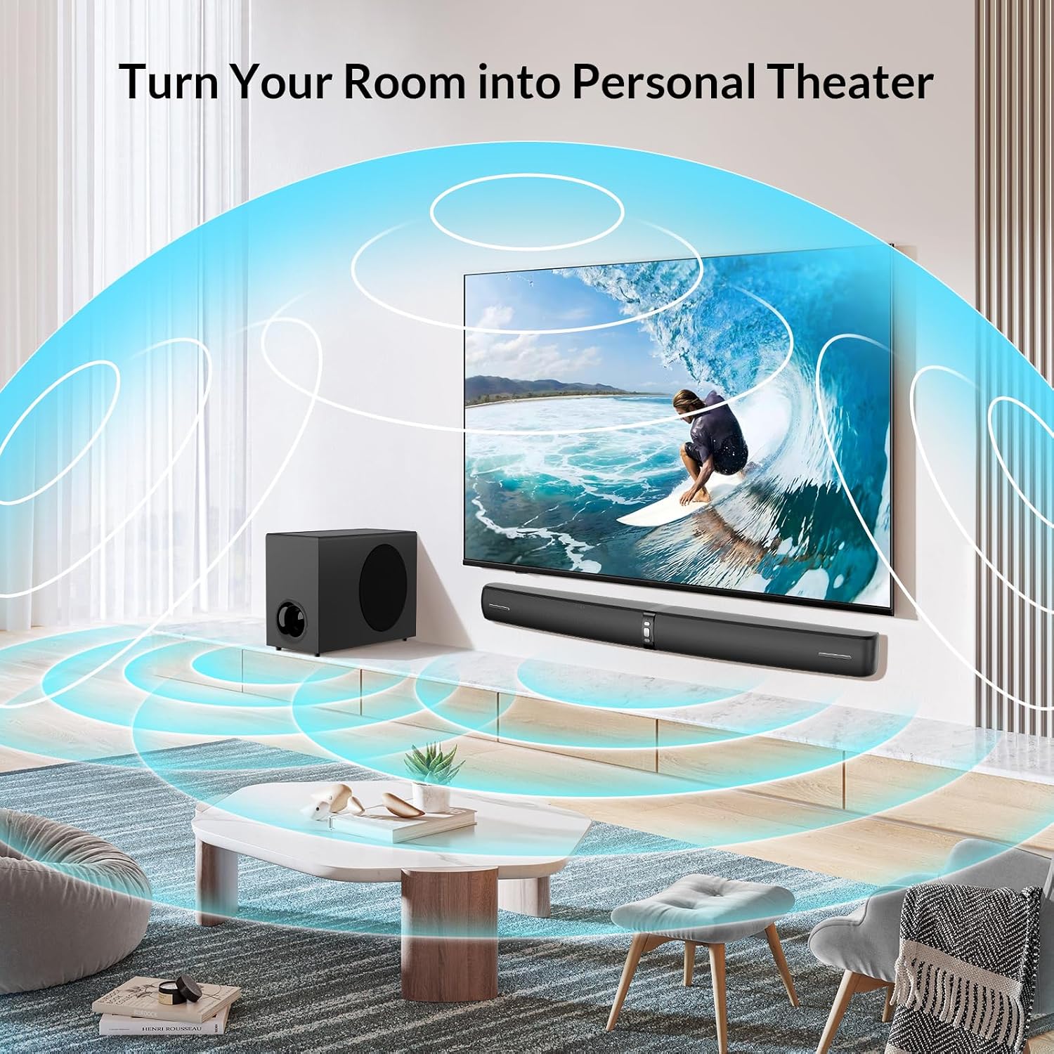 Assistrust 110W Sound Bar with Subwoofer – Adjustable Deep Bass, 3 EQ Modes, Bluetooth 5.0/ARC/Opt/AUX, Detachable Design for TV/PC/Gaming/Projectors – Affordable Premium Home Theater Sound