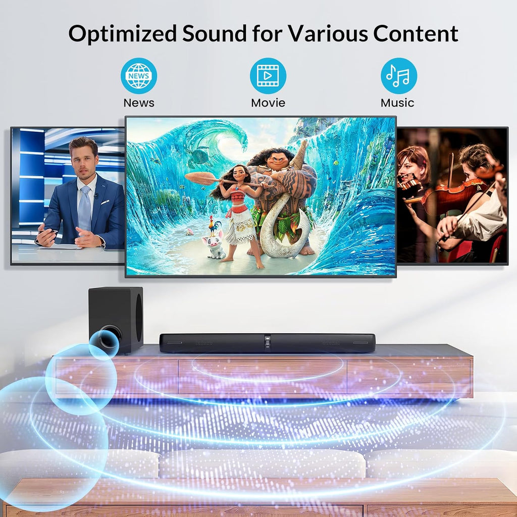 Assistrust 110W Sound Bar with Subwoofer – Adjustable Deep Bass, 3 EQ Modes, Bluetooth 5.0/ARC/Opt/AUX, Detachable Design for TV/PC/Gaming/Projectors – Affordable Premium Home Theater Sound
