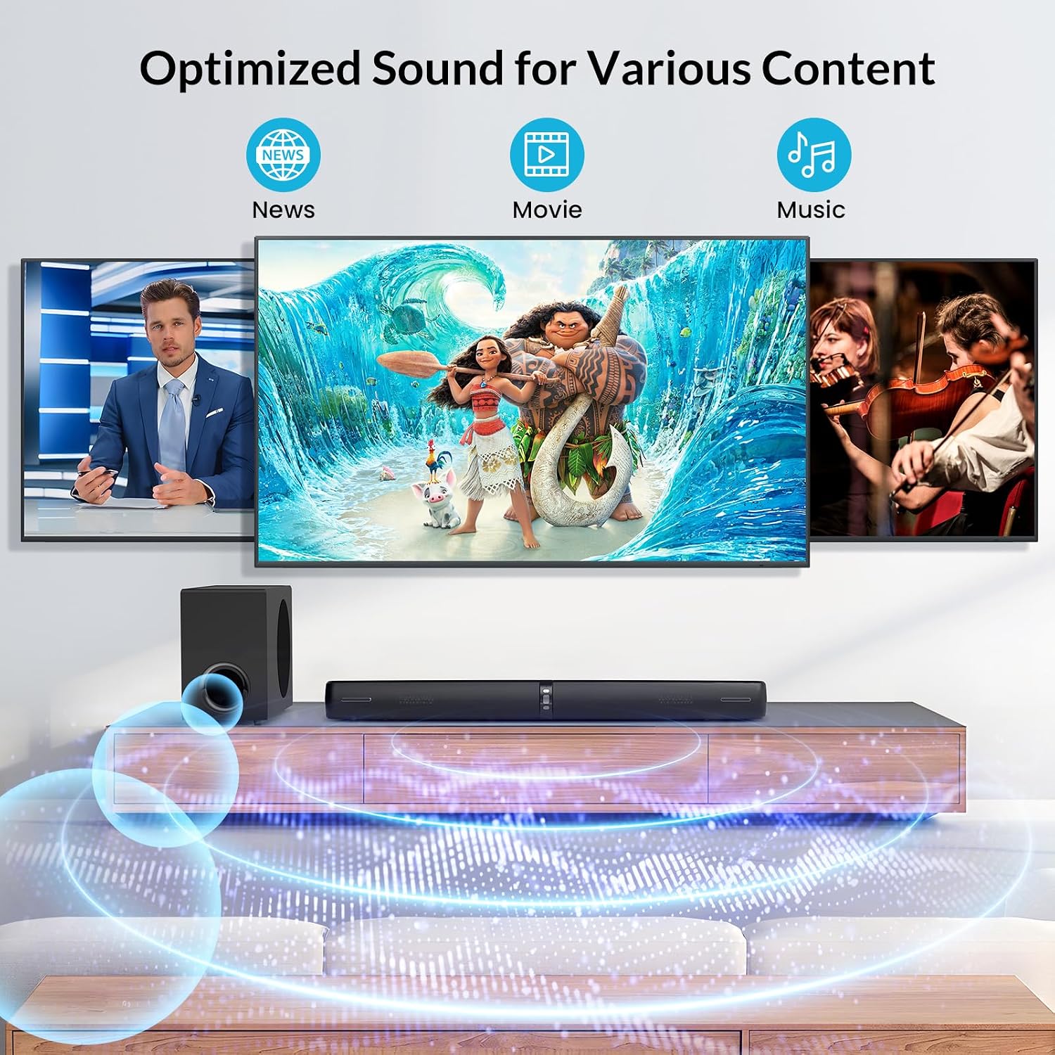 Assistrust 110W Sound Bar with Subwoofer – Adjustable Deep Bass, 3 EQ Modes, Bluetooth 5.0/ARC/Opt/AUX, Detachable Design for TV/PC/Gaming/Projectors – Affordable Premium Home Theater Sound