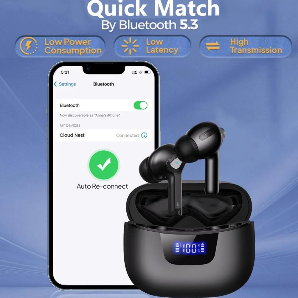 Earbuds Black True Wireless Bluetooth Earbuds, LED Digital Display Bluetooth 5.3 In-Ear Headphones