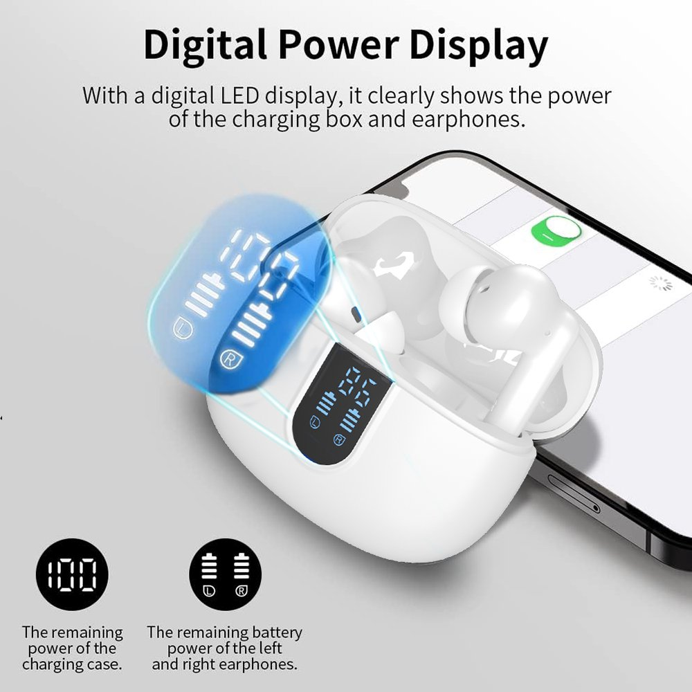 TWS-White LED Display Waterproof Bluetooth Wireless In-Ear Earbuds